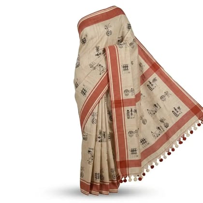 Sambalpuri Beige Tribal Heritage Ikat Handloom Saree