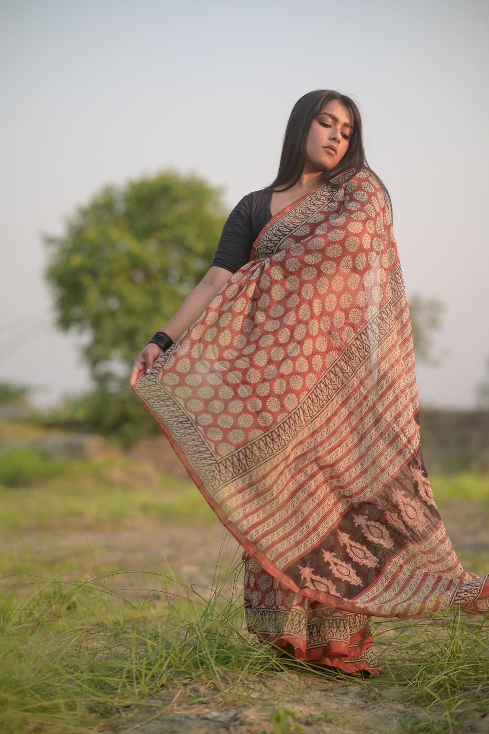 Natural dyed Bagru saree - Roheda Kota Mohini handblock printed saree