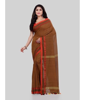Desh Bidesh Cotton Striped Saree With Unstitched Blouse Piece ( Brown )