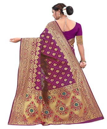 Women's Banarasi Silk Designer Weaving Saree with Unstitched Blouse (Purple, 5.50 Mtrs)