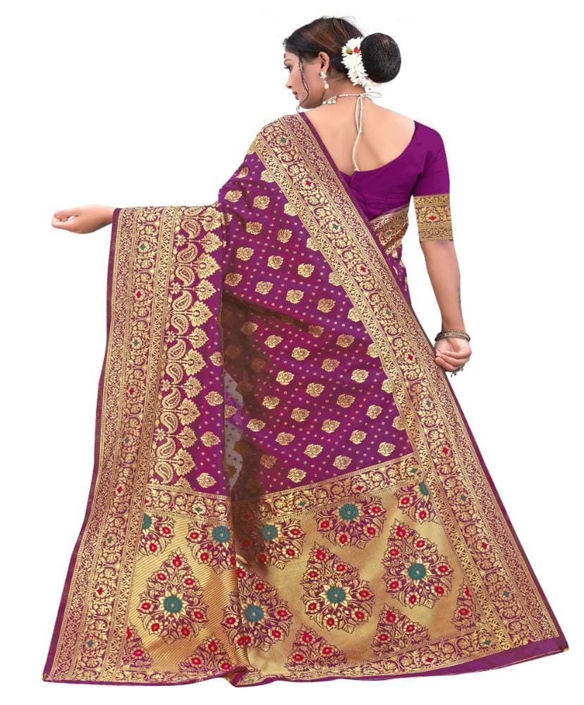 Women's Banarasi Silk Designer Weaving Saree with Unstitched Blouse (Purple, 5.50 Mtrs)