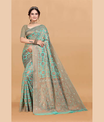 NENCY FASHION Linen Woven Saree With Unstitched Blouse Piece ( Sea Green )