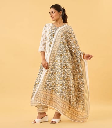 White Cotton Anarkali Set With Yellow Floral Prints-M / White