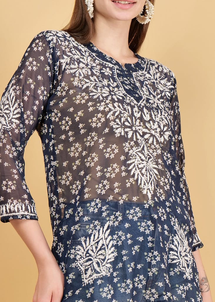 Hand Embroided Lucknow Chikankar Short Straight Georgette Kurta