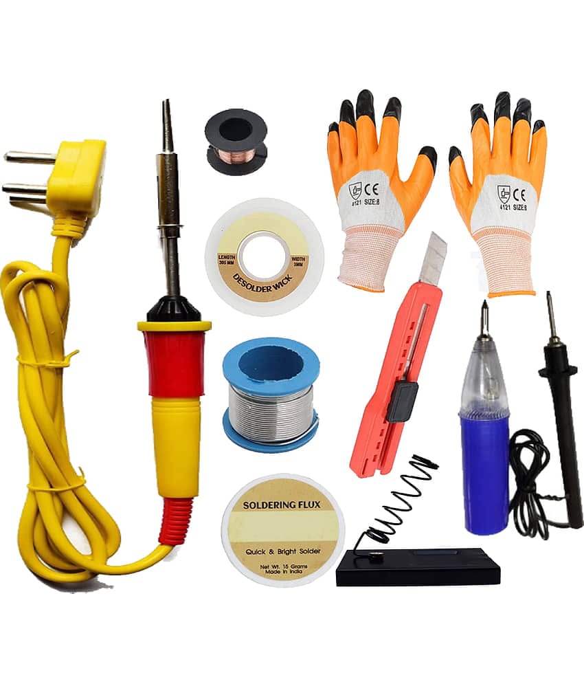 ALDECO (10 in 1) Soldering Iron Kit 25 watt (Soldering Iron, Wire, Flux, Wick, Stand, Blade cutter, Gloves, Continuity Tester, Jumper Wire)