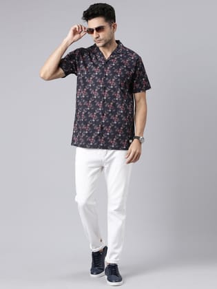Navy Blue Printed Short Sleeves Shirt-38