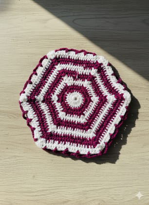 Handcrafted Purple & White Woolen Crochet Thaalposh with Tassel Border – 30×30 cm – 1 Piece