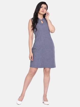 Gingham Check Cotton Shift Dress - Blue and White-3XL