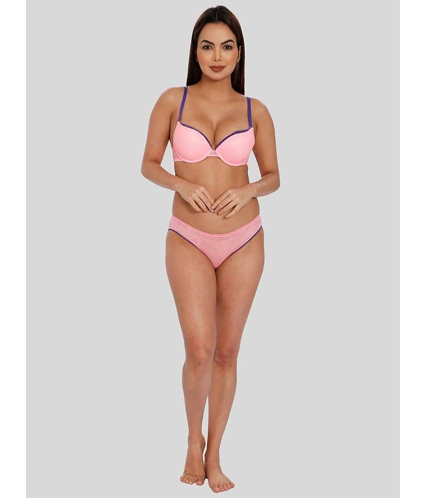 ILRASO Elastane Women's Bra & Panty Set ( Fluorescent Pink )