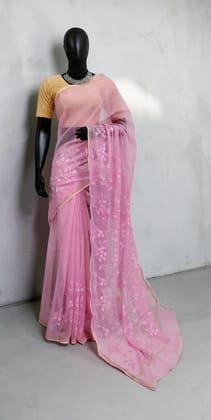 Pink Kota Doria Block Print Saree with Blouse in Cotton-Silk
