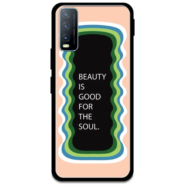'Beauty Is Good For The Soul' - Peach Glossy Metal Silicone Case For Vivo Models-Vivo Y50