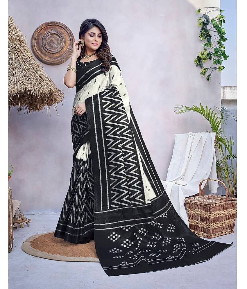 Yashika Art Silk Printed Saree With Unstitched Blouse Piece ( Black )