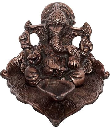 eCraftIndia Copper Metal Lord Ganesha with Diya on Leaf