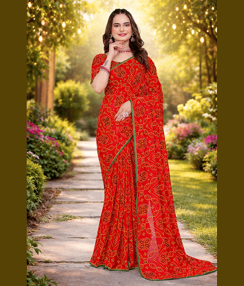 Kanooda Prints Georgette Printed Bandhani Sarees With Unstitched Blouse Piece ( Multicolor 1 )