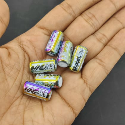 Plated Printed Premium Glass Beads (10 Pieces) 20x10 MM Multicolor Hole 1 MM Cylinder For Jewellery Making Arts Crafts (#Design2)-10 Pieces