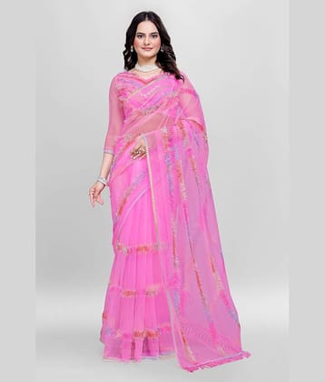 A TO Z CART Net Embroidered Saree With Unstitched Blouse Piece ( Pink )