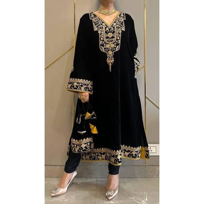 Ethenika Sequence Embroidery Work Velvet Kurti Pant Set-Alters [38-44] / Black