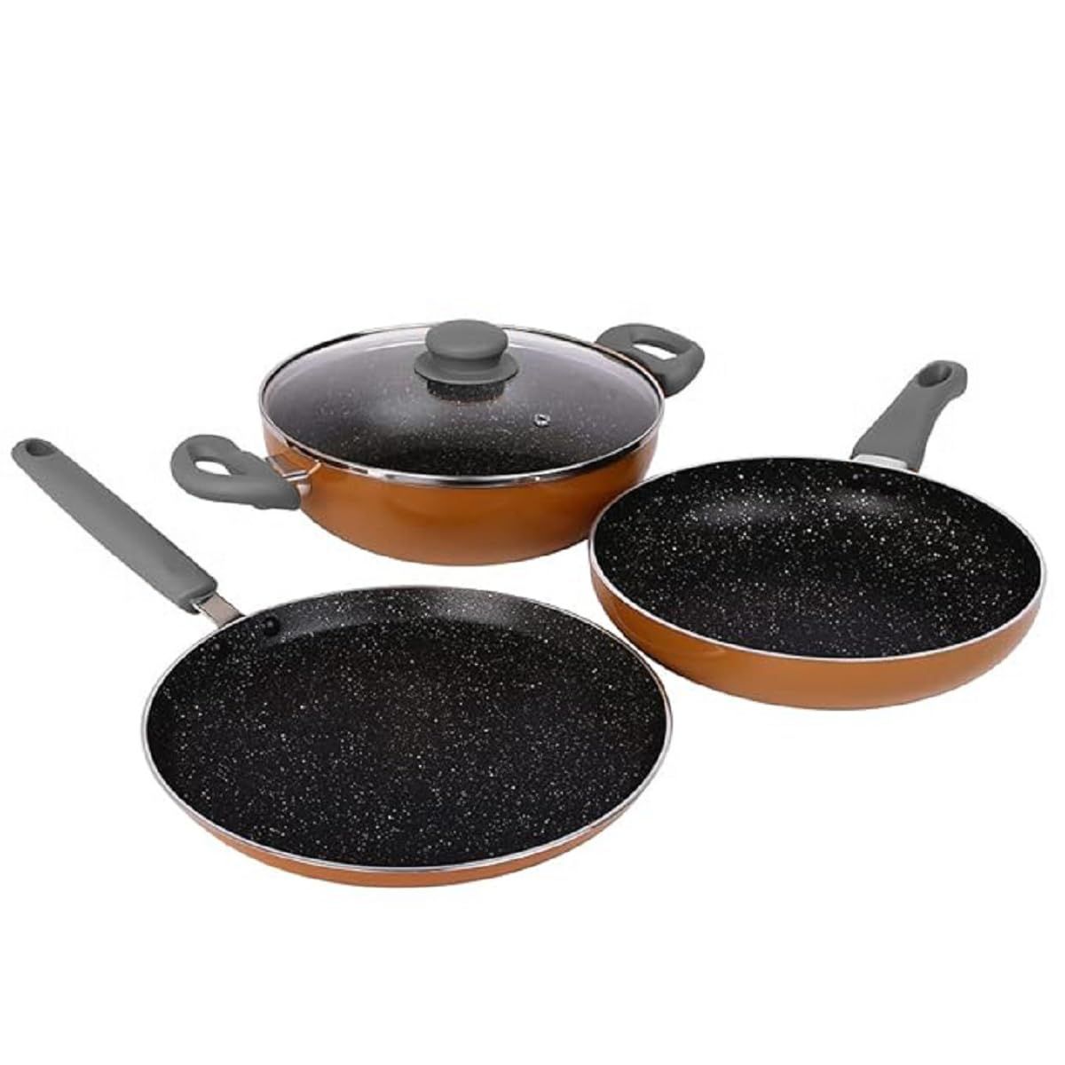 Prestige Omega Deluxe Non-Stick Cookware 3 Pc Set |PFOA Free 5-Layer Coating | Omni Tawa 25 cm | Fry Pan 24 cm | Kadai with Glass Lid 24 cm | Brown | Dishwasher Safe Prestige Omega Deluxe Non-Stick Cookware 3 Pc Set |PFOA Free 5-Layer Coating | Omni Tawa