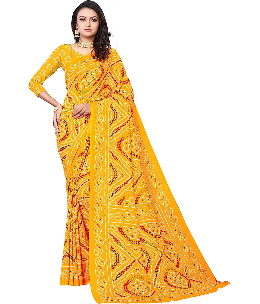 Kanooda Prints Georgette Printed Saree With Unstitched Blouse Piece ( Yellow )