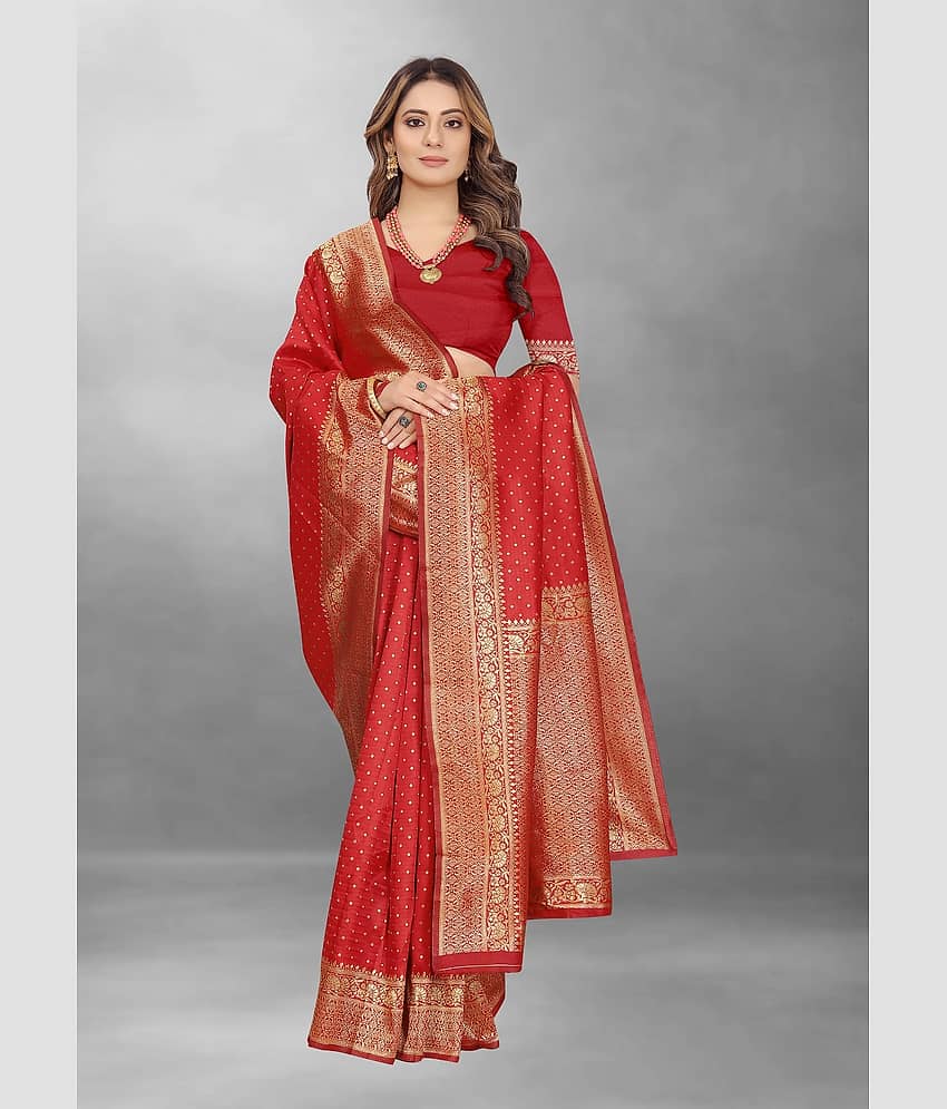 Gazal Fashions Banarasi Silk Embellished Saree With Unstitched Blouse Piece ( Red )