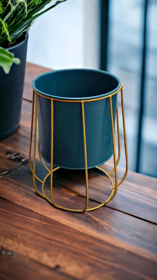 FABPAK Geometric Pattern Planting Flower Pot with Holder Blue