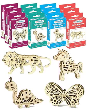 Funvention Birthday Return Gifts Pack of 12 Toys Fun Fidgets Jungle (3 x 4 DIY Miniature Mechanical Models Lion, Butterfly, Unicorn & Dino) Party Pack Return Favors for Kids Art & Craft STEM Learning