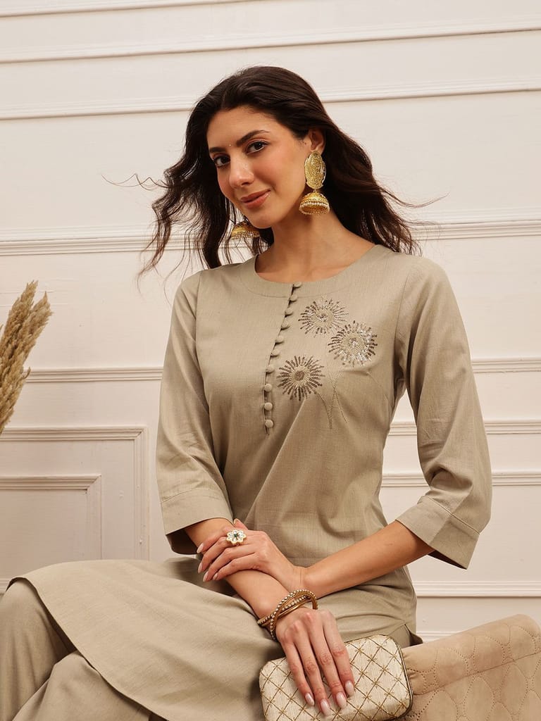 Taupe Grace Embroidered Kurta Set