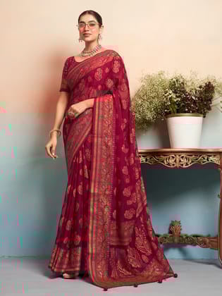 Maroon Poly Viscose Georgette Jacquard Butta Banarasi Saree