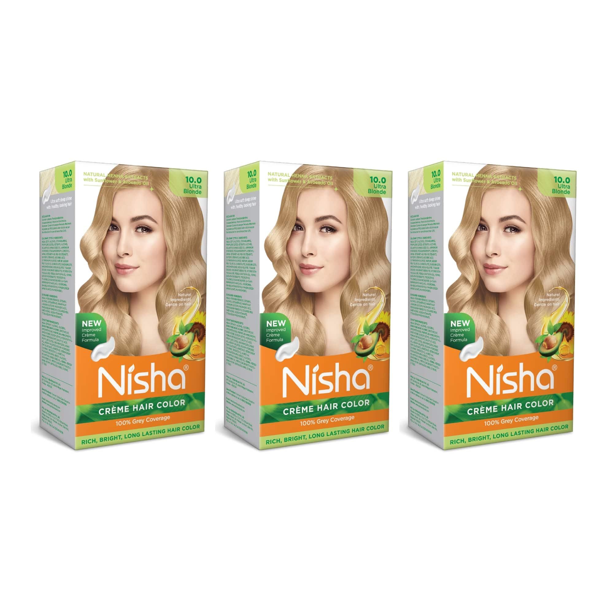 Nisha Creme Hair Color, Permanent Hair Colour Ultra Blonde, Silky & Shiny 100% Grey Coverage & Ammonia Free Color With Natural Henna Extract, 60G+60Ml Nisha Creme Hair Color, Permanent Hair Colour Ultra Blonde, Silky & Shiny 100% Grey Coverage & Ammonia
