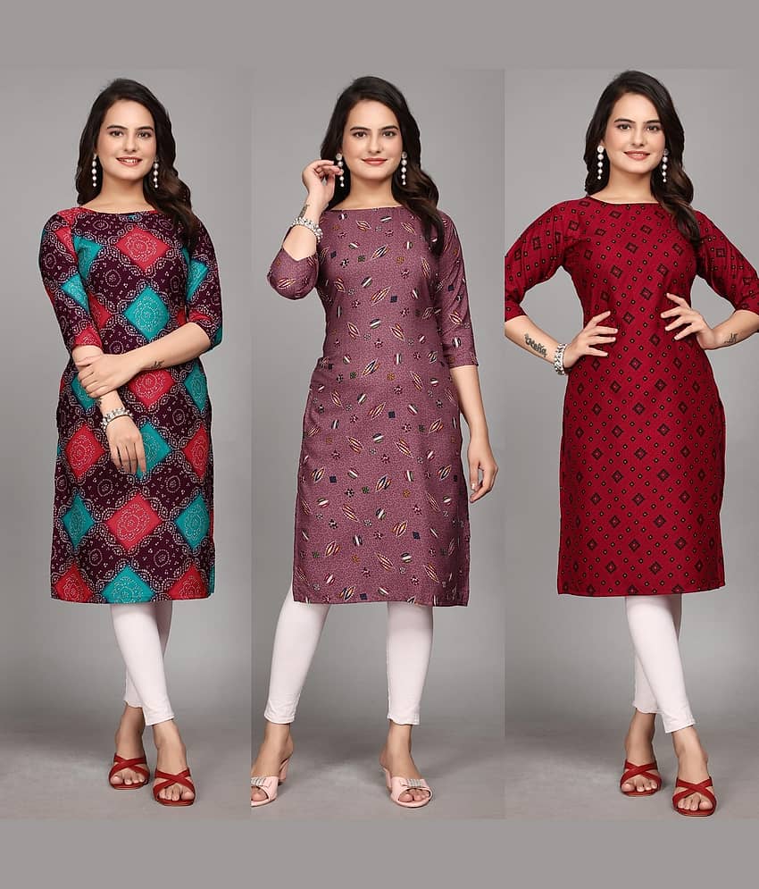 KALAVRITTA Pack of 3 Crepe Printed Straight Women's Kurti - ( Multicoloured )