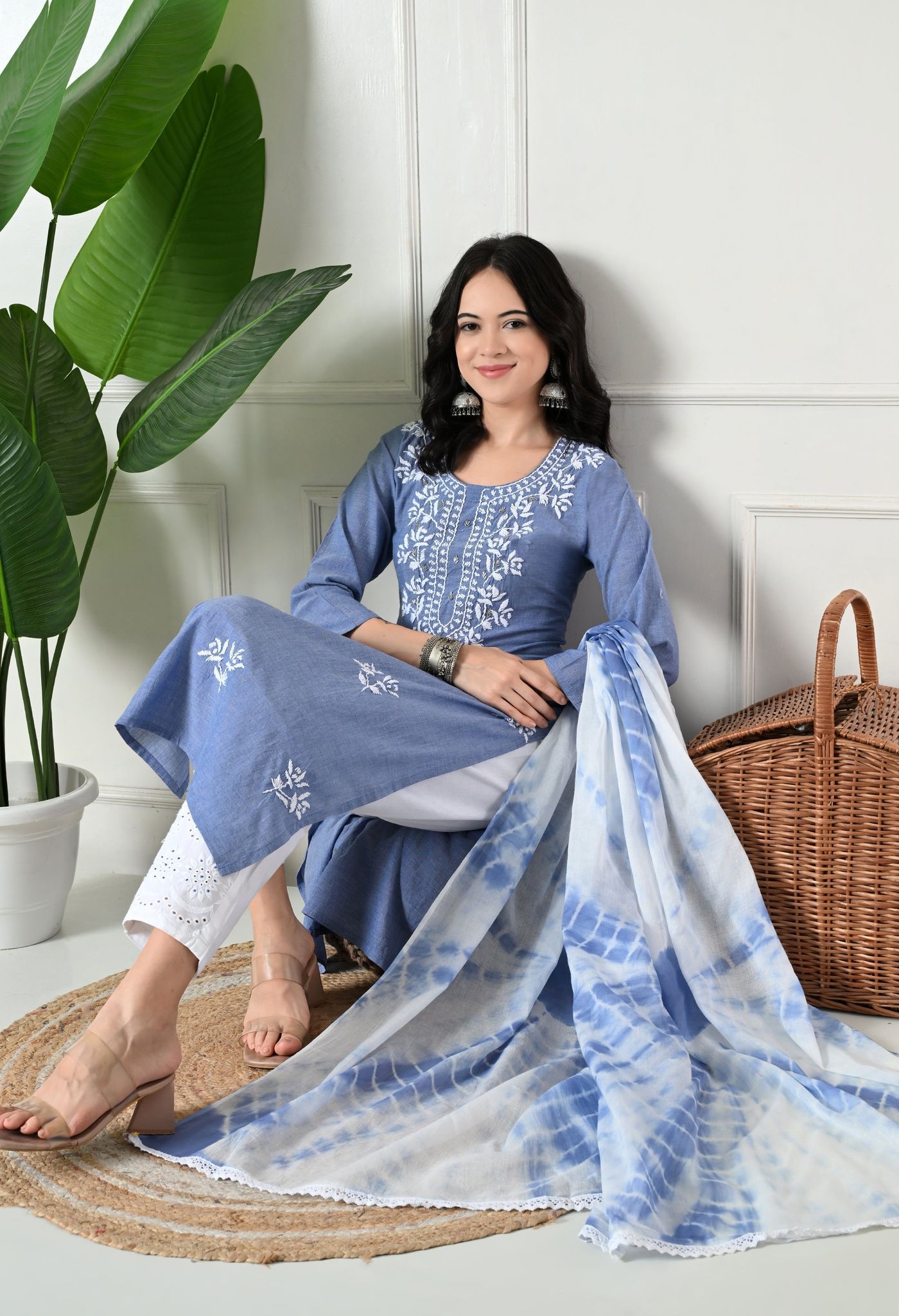 "Hand Embroidered Chikankari & Cut Dana Work Denim Cotton Kurta Set with Tie-Dye Dupatta "