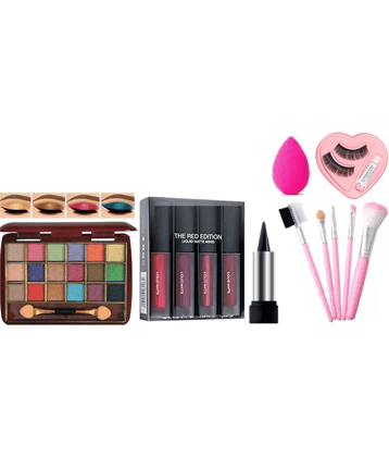 swenky eyeshadow with red edition lipstick kajal false eyelash puff & makeup brush (Pack of 6)