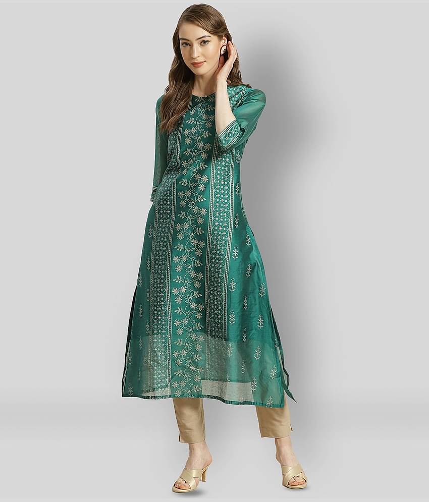 Juniper - Green Chanderi Women's A-line Kurti ( Pack of 1 )