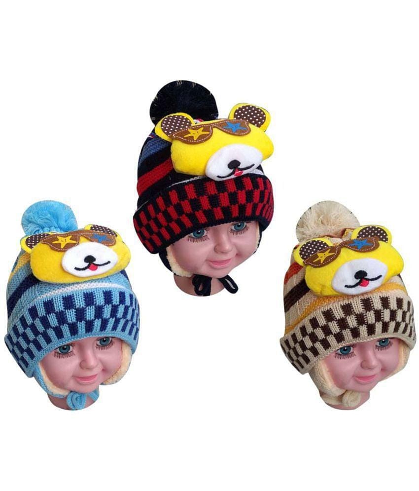 TOTAL HEALTH Soft 100% Woolen Winter Caps with Fur Inside For Baby Boys & Girls (Pack Of 3) - None