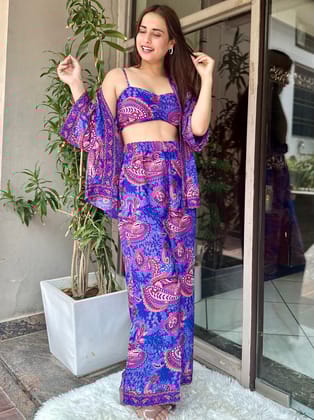 Sapphire Elegance Blue Paisley Coord Set-Xl