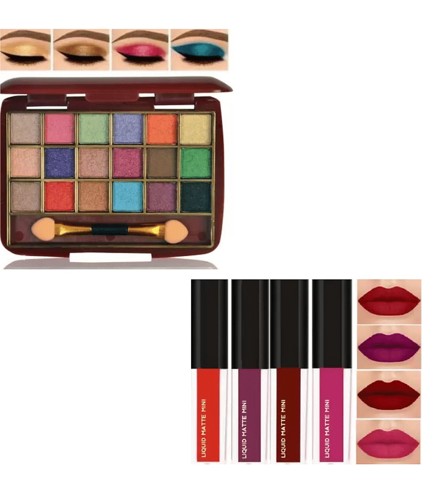 swenky 18 color shimmer eyeshadow with red edition liquid long-lasting lipstick (Pack of 2)