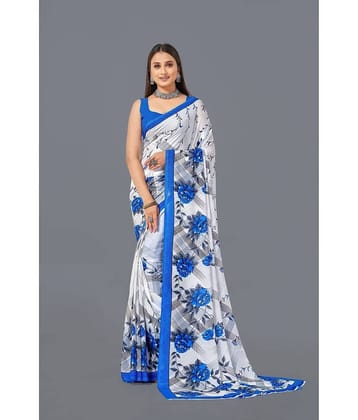 LEELAVATI Georgette Printed Saree With Unstitched Blouse Piece ( White )