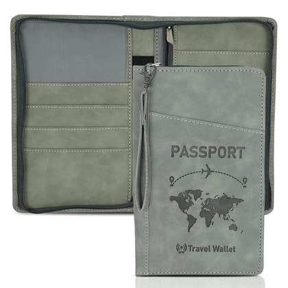 Storite RFID Blocking PU Leather Passport Holder & Travel Wallet with Hand Strap for Men & Women - Grey