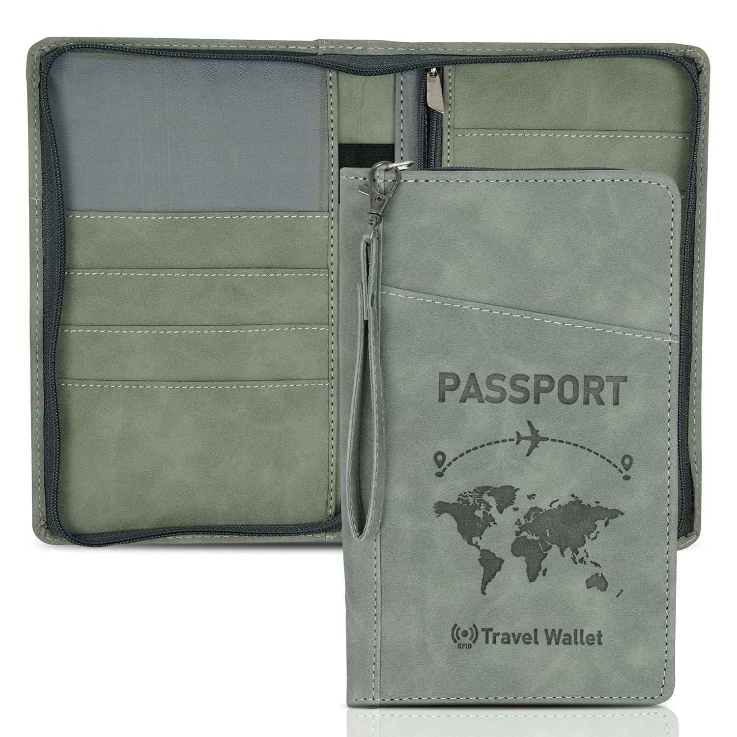 Storite RFID Blocking PU Leather Passport Holder & Travel Wallet with Hand Strap for Men & Women - Grey