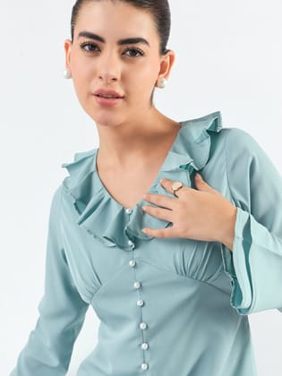 Viscose Midi Dress With Ruffled Collar And Pearl Buttons-XS