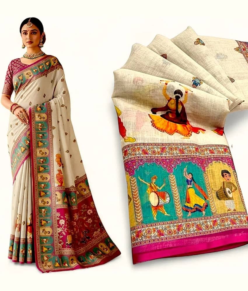 Saadhvi Linen Printed Regular Saree With Unstitched Blouse Piece ( Beige )