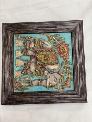 Framed Elephant Wall Art, Decorative Relief Panel, Turquoise Background, Ornate Indian Design, Wooden Frame (Blue) Size(20 * 20cm)
