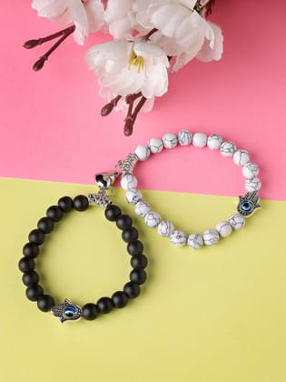 NVR Unisex Set of 2 Black & White Marbel Crystal Bracelet-Onesize / Black & White / Glass