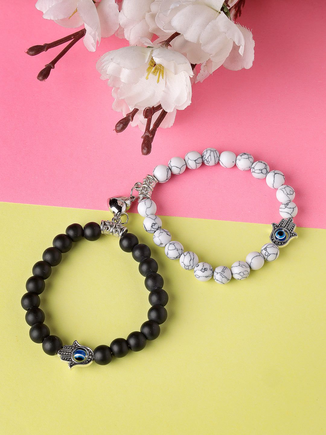 NVR Unisex Set of 2 Black & White Marbel Crystal Bracelet-Onesize / Black & White / Glass