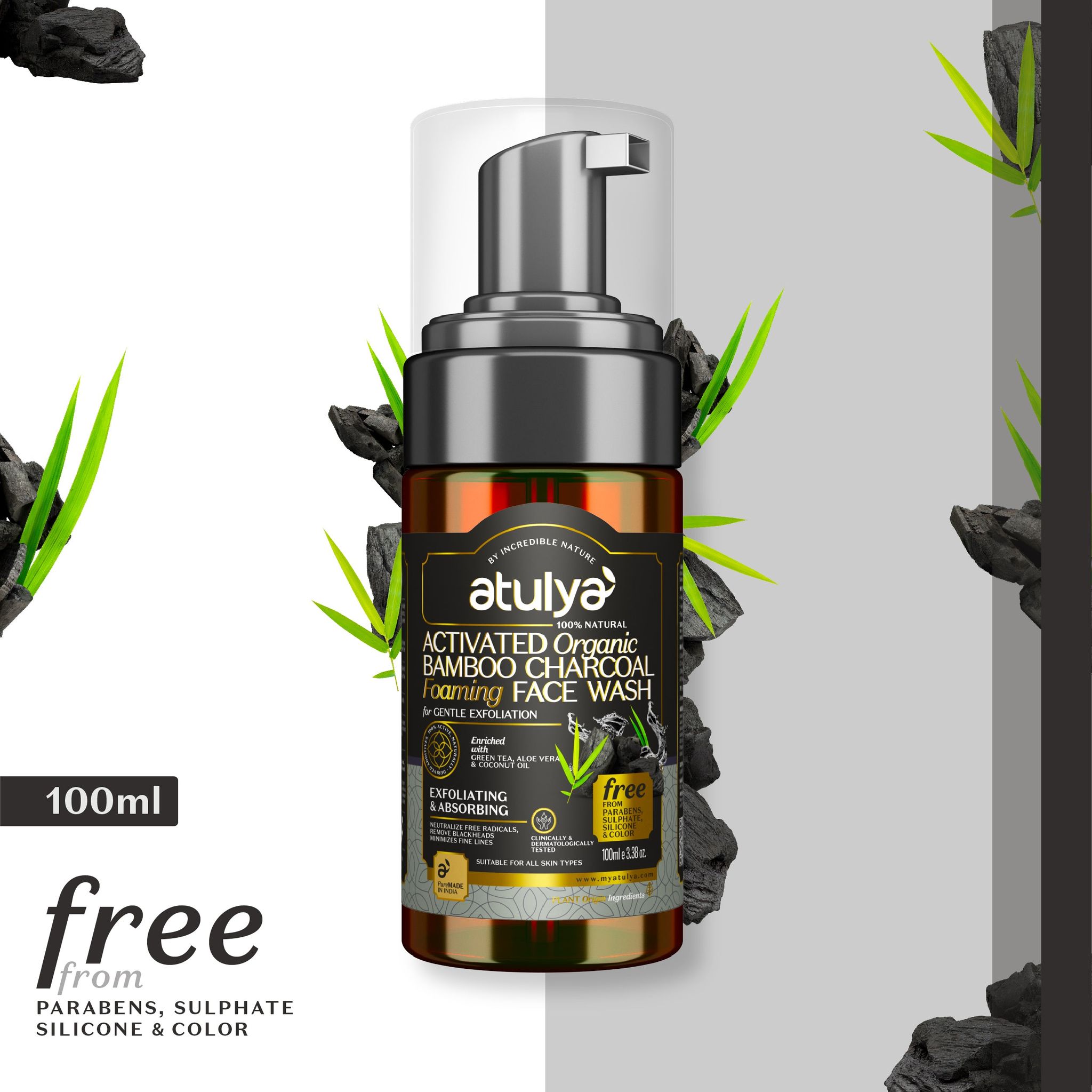 Atulya Activated Organic Bamboo Charcoal Foaming Face Wash | Gentle Exfoliator - 100ml
