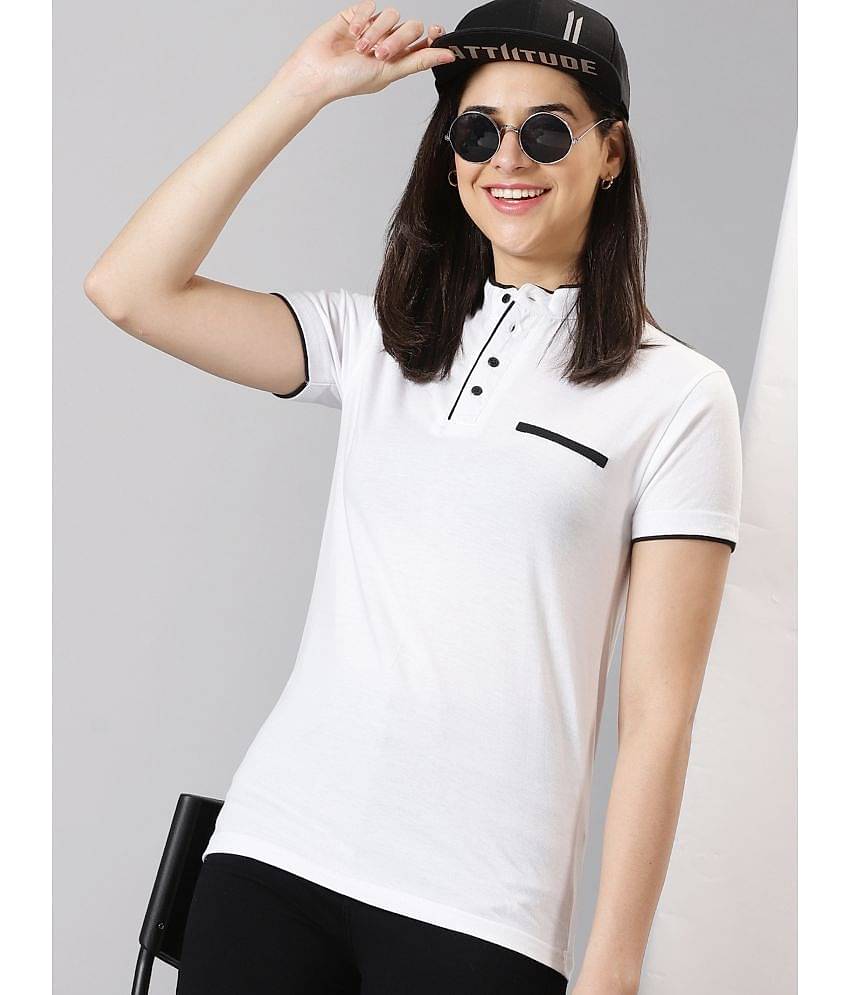 AUSK Women Cotton Blend Solid Regular Fit Mandarin Collar T-Shirt ( White )