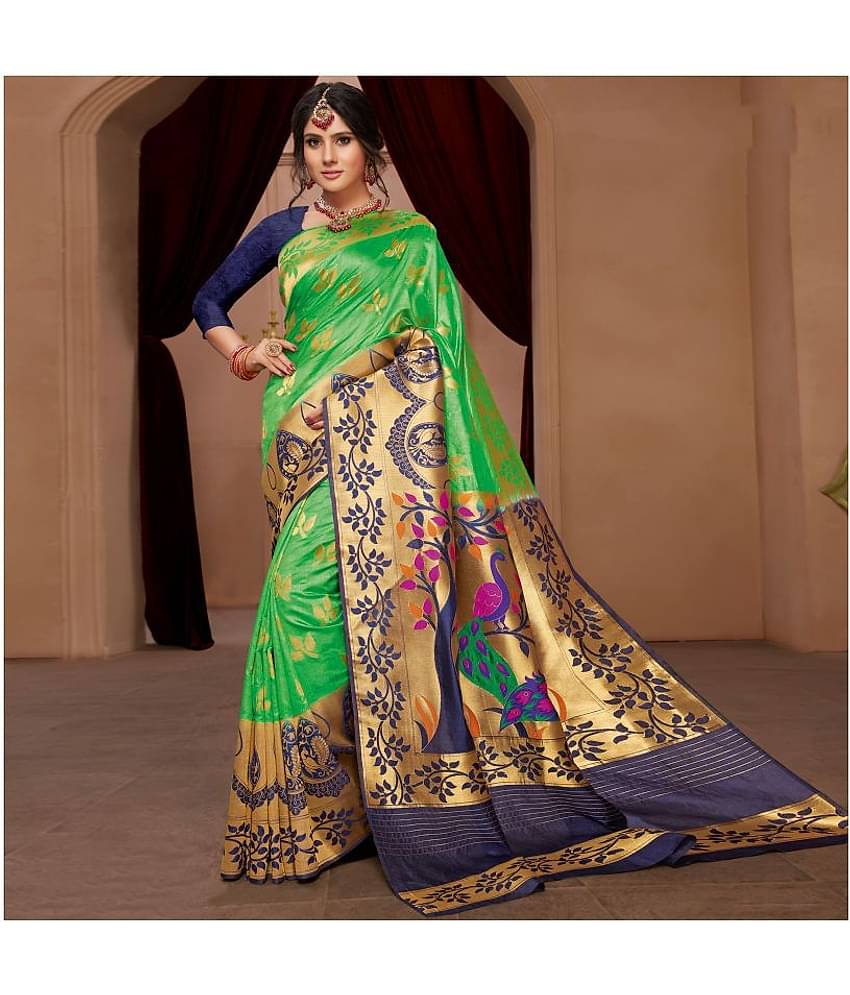 Aarrah Cotton Silk Saree With Unstitched Blouse Piece ( Green )