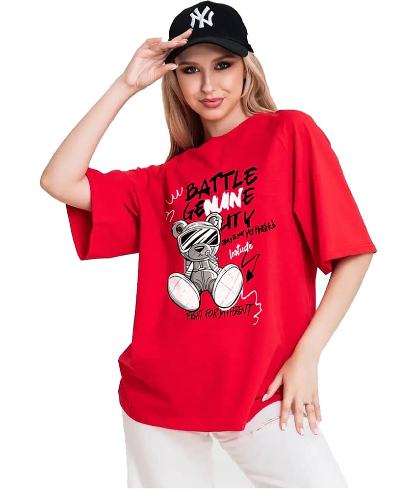 Leotude Women Cotton Blend Printed Oversized Fit Round Neck T-Shirt ( Red )