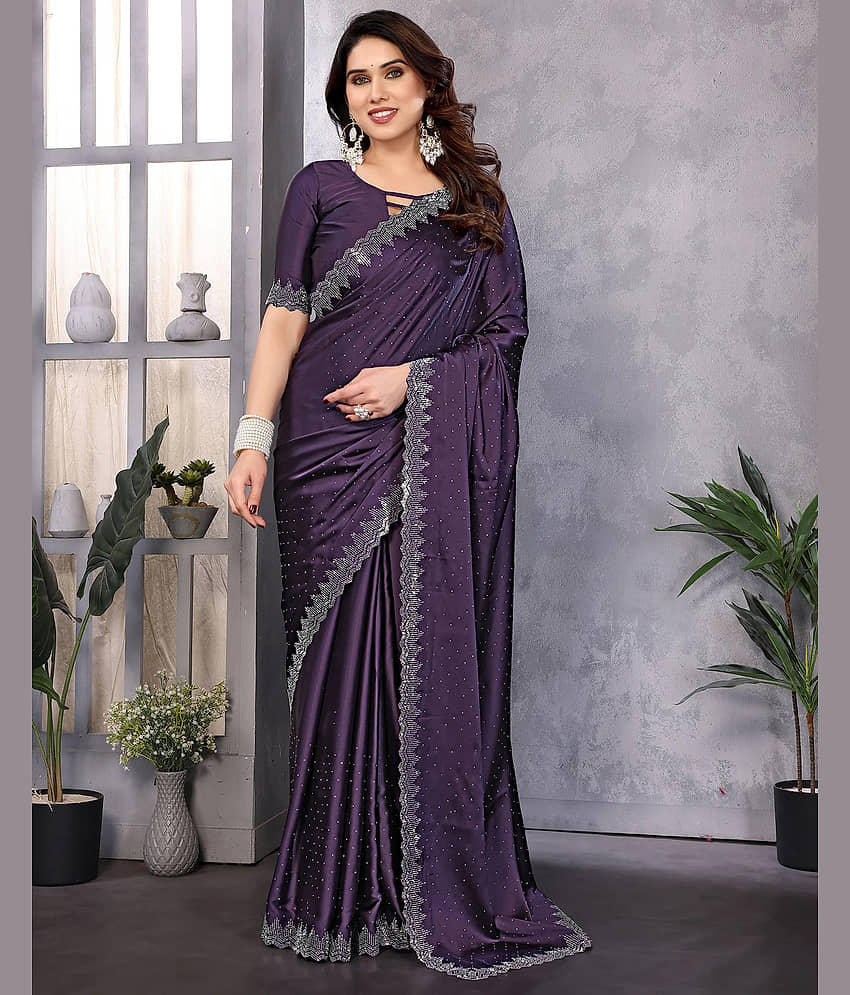 Yashika Satin Embellished Regular Saree With Unstitched Blouse Piece ( Purple )