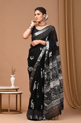 HAND BLOCK PRINTED COTTON LINEN SAREE WITH BLOUSE